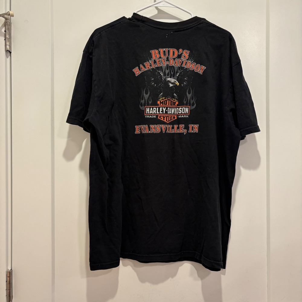 Harley Davidson Mens T-Shirt Black Bud's Evansville Eagle Graphic XL Distressed - Picture 3 of 7